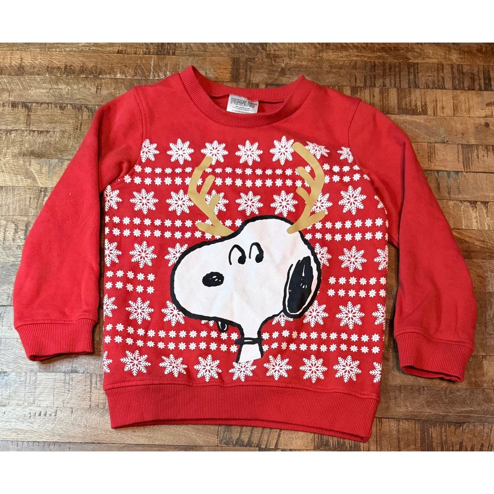Peanuts Snoopy Reindeer Antlers Christmas Sweatshirt Red Kids Size 5 RN117508